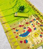 Parrot green color faux banarasi silk saree with paithani rich weaved pallu and blouse