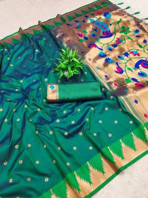Rama color faux banarasi silk saree with paithani rich weaved pallu and blouse 2