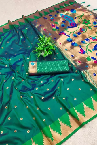 Rama color faux banarasi silk saree with paithani rich weaved pallu and blouse