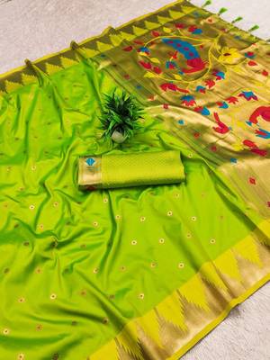 Parrot green color faux banarasi silk saree with paithani rich weaved pallu and blouse 2