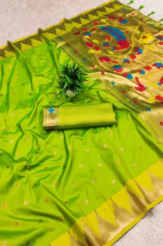 Parrot green color faux banarasi silk saree with paithani rich weaved pallu and blouse