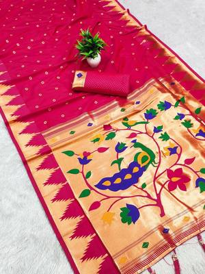 Rani pink color faux banarasi silk saree with paithani rich weaved pallu and blouse 1