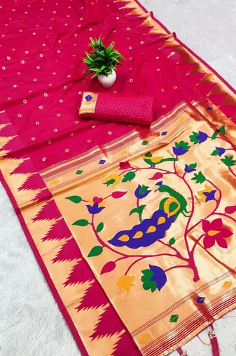 Rani pink color faux banarasi silk saree with paithani rich weaved pallu and blouse