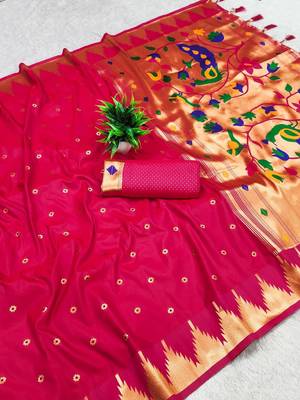 Rani pink color faux banarasi silk saree with paithani rich weaved pallu and blouse 2