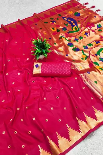 Rani pink color faux banarasi silk saree with paithani rich weaved pallu and blouse