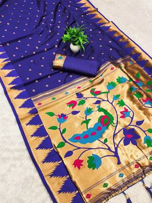 Royal blue color faux banarasi silk saree with paithani rich weaved pallu and blouse 1