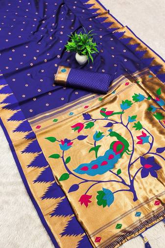 Royal blue color faux banarasi silk saree with paithani rich weaved pallu and blouse