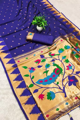 Royal blue color faux banarasi silk saree with paithani rich weaved pallu and blouse
