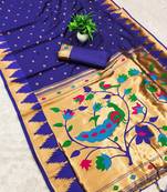 Royal blue color faux banarasi silk saree with paithani rich weaved pallu and blouse