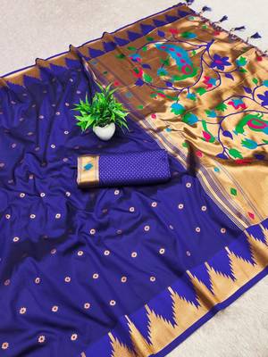 Royal blue color faux banarasi silk saree with paithani rich weaved pallu and blouse 2