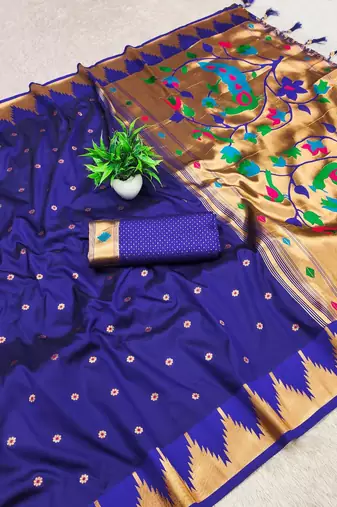 Royal blue color faux banarasi silk saree with paithani rich weaved pallu and blouse