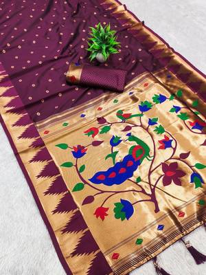 Wine color faux banarasi silk saree with paithani rich weaved pallu and blouse 1
