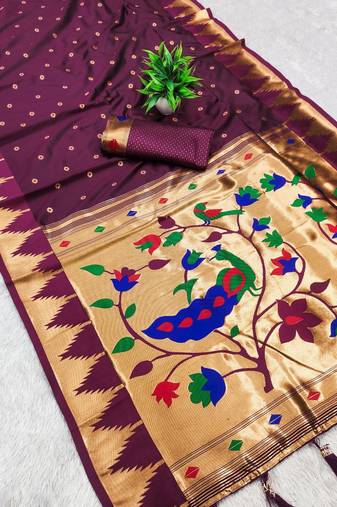 Wine color faux banarasi silk saree with paithani rich weaved pallu and blouse