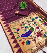 Wine color faux banarasi silk saree with paithani rich weaved pallu and blouse