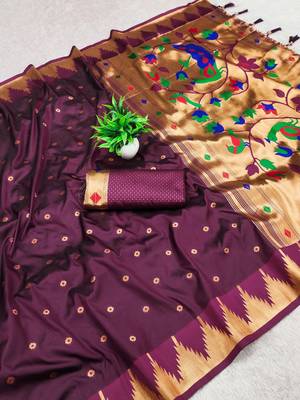 Wine color faux banarasi silk saree with paithani rich weaved pallu and blouse 2