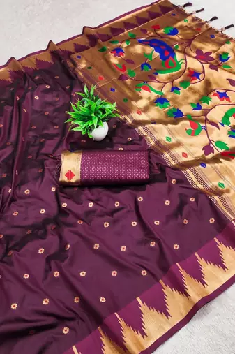 Wine color faux banarasi silk saree with paithani rich weaved pallu and blouse