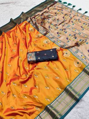 Yellow faux banarasi silk saree with paithani rich weaved pallu and blouse 1