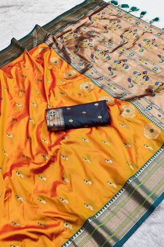 Yellow faux banarasi silk saree with paithani rich weaved pallu and blouse