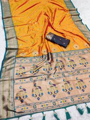 Yellow faux banarasi silk saree with paithani rich weaved pallu and blouse 2