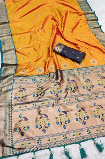 Yellow faux banarasi silk saree with paithani rich weaved pallu and blouse