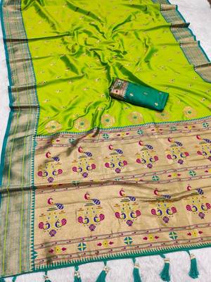 Parrot green faux banarasi silk saree with paithani rich weaved pallu and blouse 1