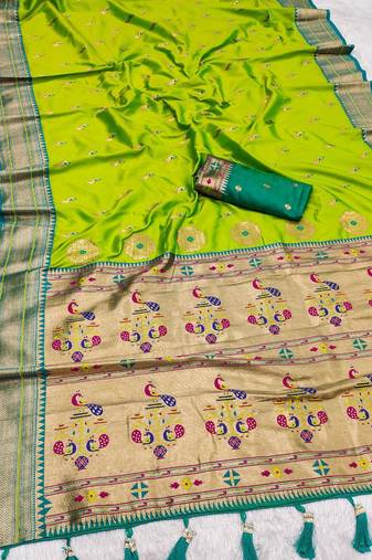 Parrot green  faux banarasi silk saree with paithani rich weaved pallu and blouse