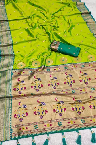 Parrot green  faux banarasi silk saree with paithani rich weaved pallu and blouse