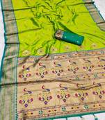 Parrot green  faux banarasi silk saree with paithani rich weaved pallu and blouse