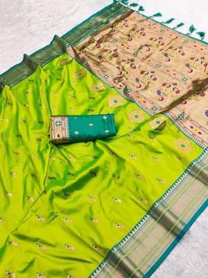 Parrot green faux banarasi silk saree with paithani rich weaved pallu and blouse 2