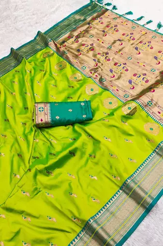 Parrot green faux banarasi silk saree with paithani rich weaved pallu and blouse