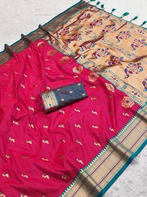 Pink faux banarasi silk saree with paithani rich weaved pallu and blouse 1