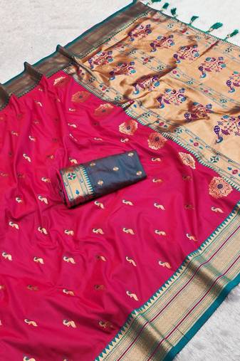 Pink  faux banarasi silk saree with paithani rich weaved pallu and blouse