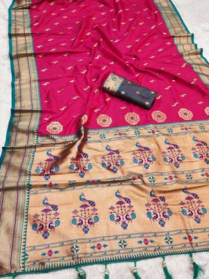 Pink faux banarasi silk saree with paithani rich weaved pallu and blouse 2