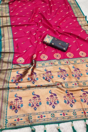 Pink faux banarasi silk saree with paithani rich weaved pallu and blouse