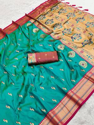 Sea green faux banarasi silk saree with paithani rich weaved pallu and blouse 1