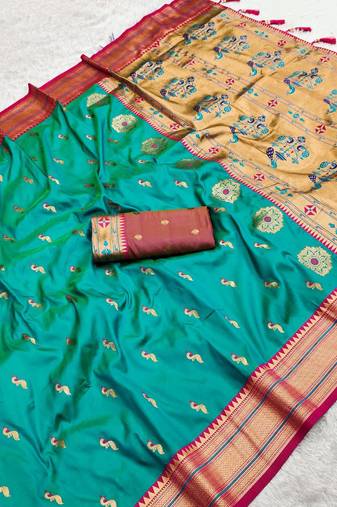 Sea green  faux banarasi silk saree with paithani rich weaved pallu and blouse