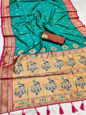 Sea green faux banarasi silk saree with paithani rich weaved pallu and blouse 2