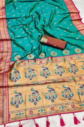 Sea green faux banarasi silk saree with paithani rich weaved pallu and blouse