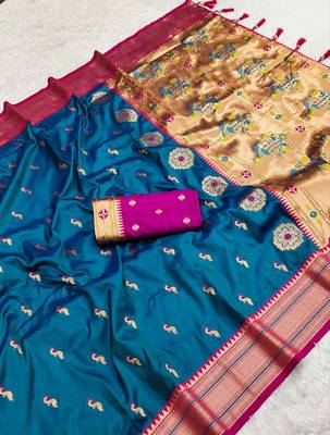 Sky faux banarasi silk saree with paithani rich weaved pallu and blouse 1