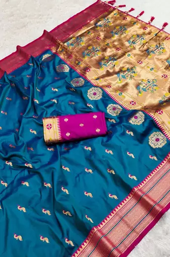 Sky  faux banarasi silk saree with paithani rich weaved pallu and blouse