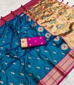 Sky  faux banarasi silk saree with paithani rich weaved pallu and blouse