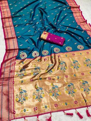 Sky faux banarasi silk saree with paithani rich weaved pallu and blouse 2