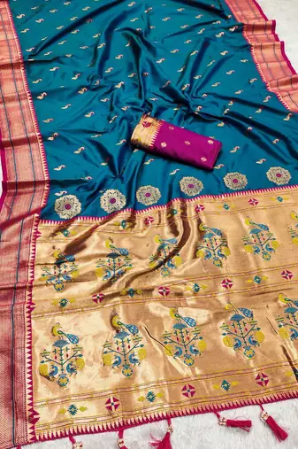 Sky faux banarasi silk saree with paithani rich weaved pallu and blouse
