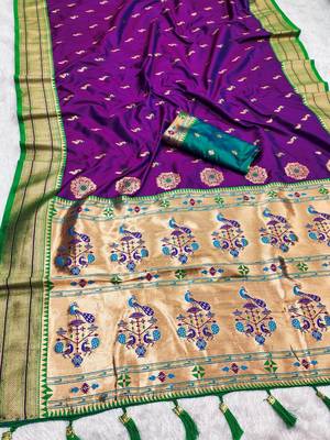 Wine faux banarasi silk saree with paithani rich weaved pallu and blouse 1