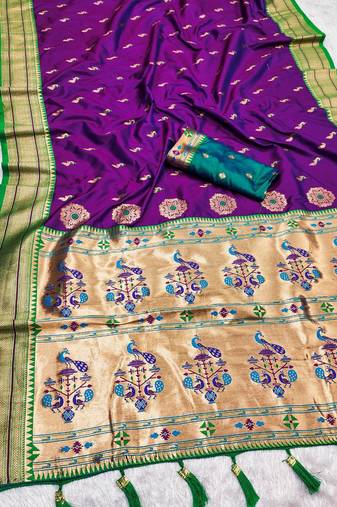 Wine faux banarasi silk saree with paithani rich weaved pallu and blouse