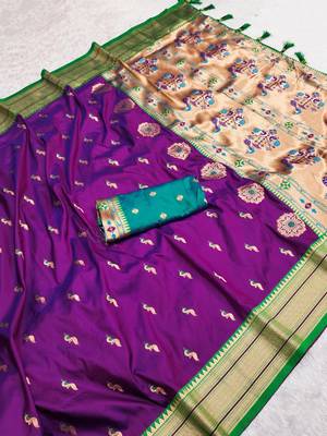 Wine faux banarasi silk saree with paithani rich weaved pallu and blouse 2