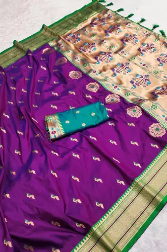 Wine faux banarasi silk saree with paithani rich weaved pallu and blouse