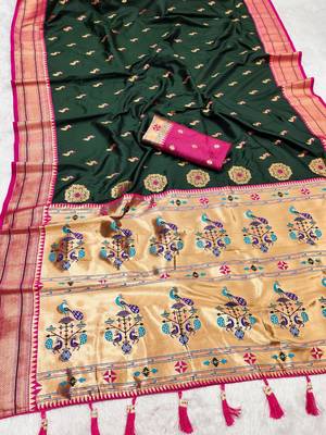 Green faux banarasi silk saree with paithani rich weaved pallu and blouse 1