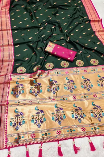 Green  faux banarasi silk saree with paithani rich weaved pallu and blouse