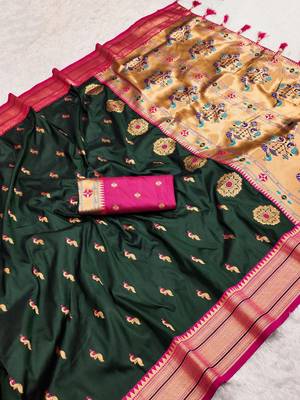 Green faux banarasi silk saree with paithani rich weaved pallu and blouse 2